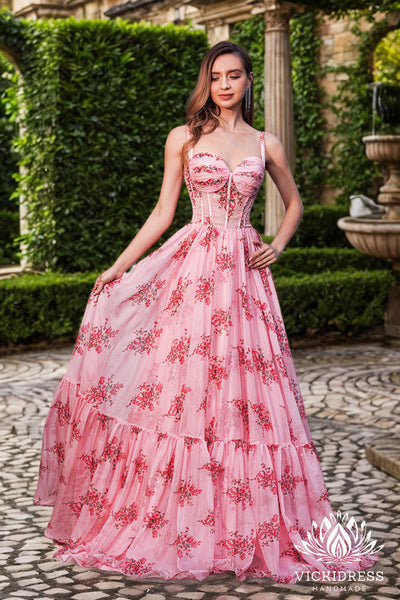 A Line Sweetheart Straps Floral Printed Chiffon Prom Dress VK24122709