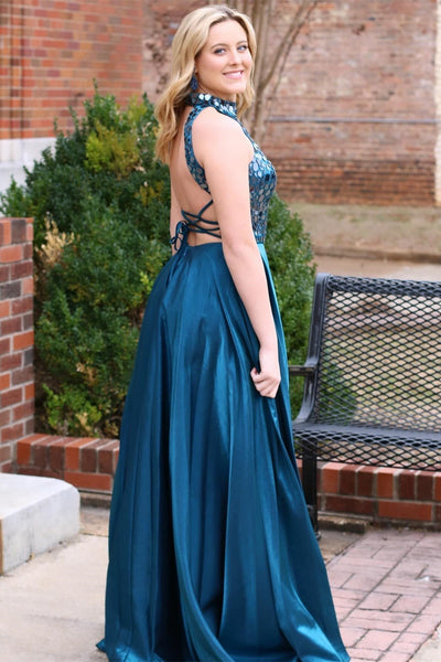 Cute A Line Hatler Neck Teal Satin Long Prom Dresses with Beading