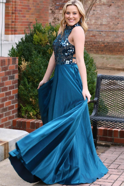 Cute A Line Hatler Neck Teal Satin Long Prom Dresses with Beading