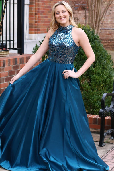 Cute A Line Hatler Neck Teal Satin Long Prom Dresses with Beading