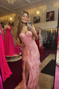 Charming A Line Sweetheart Pink Lace Appliques Prom Dresses