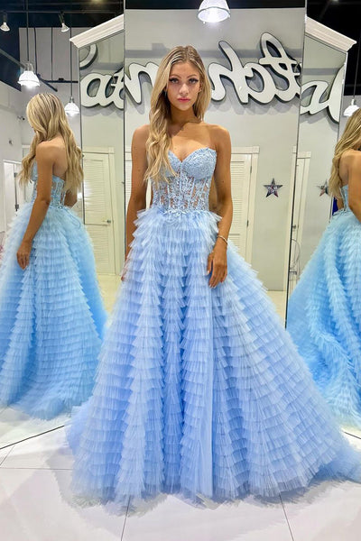 Light Blue Strapless Ruffle Tiered Tulle Long Prom Dresses with Appliques VK23123107