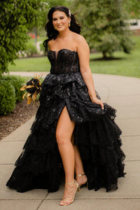 Cute A Line Sweetheart Black Tiered Tulle Long Prom Dresses with Appliques VK24102001