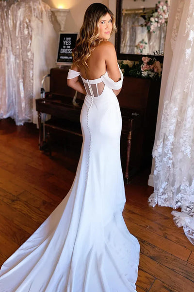 Elegant Simple Mermaid Off the Shoulder Satin Wedding Dresses VK24102105