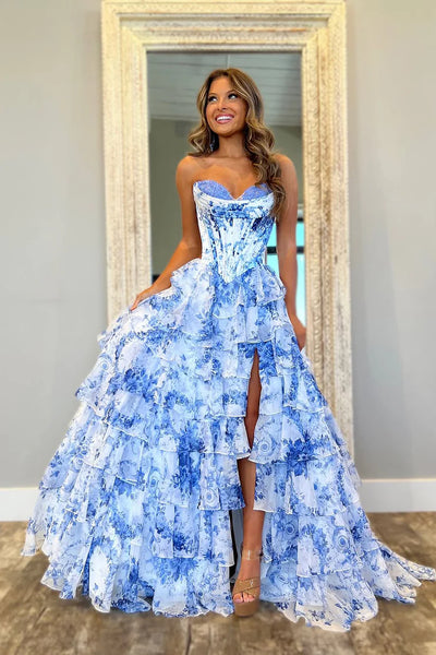 Cute A Line Sweetheart Blue Floral Chiffon Tiered Prom Dress with Slit VK25013101