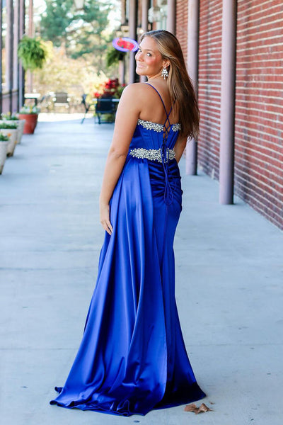 Cute Mermaid V Neck Royal Blue Satin Slit Prom Dresses with Beading