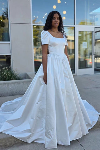 Ball Gown V Neck Ruffled Sleeves Satin Wedding Dresses VK24102412