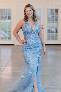 Mermaid Halter Blue Sequin Lace Long Prom Dresses with Slit VK021703