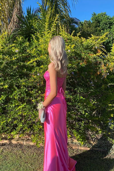 Charming Mermaid Sweetheart Pink Satin Prom Dress with Slit VK25012504