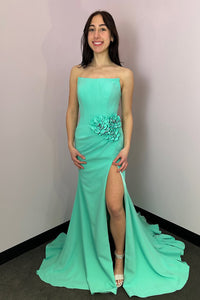 Mermaid Strapless Mint Satin Long Prom Dresses with Slit VK021805