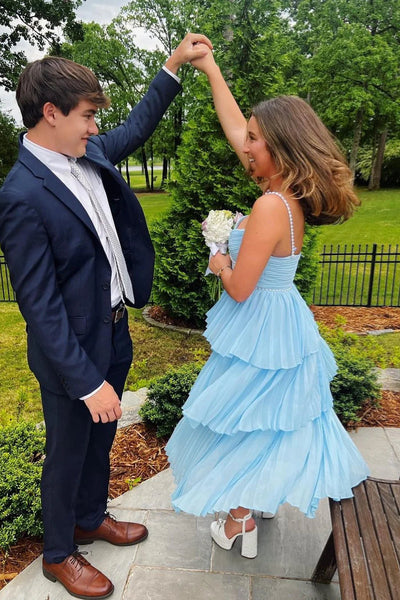 A Line Sweetheart Light Blue Chiffon Prom Dress with Pearls VK24122608