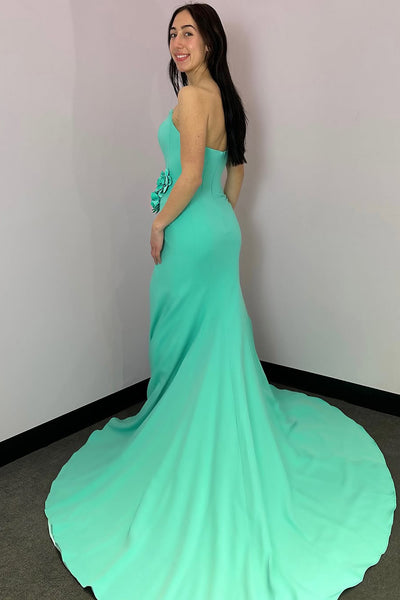 Mermaid Strapless Mint Satin Long Prom Dresses with Slit VK021805