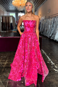 Cute A Line Strapless Jacquard Satin Prom Dress with Pockets VK1362007