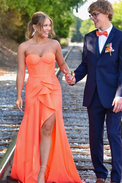 Cute Mermaid Sweetheart Orange Satin Ruffled Prom Dress with Slit