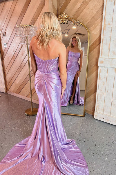 Sparkly Sheath Lilac Strapless Satin Long Prom Dresses with Beading