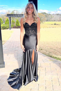 Cute Mermaid Sweetheart Black Prom Dress with Slit