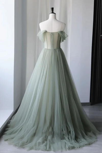 Fairy A Line Off the Shoulder Sage Green Tulle Sage Ball Gown Prom