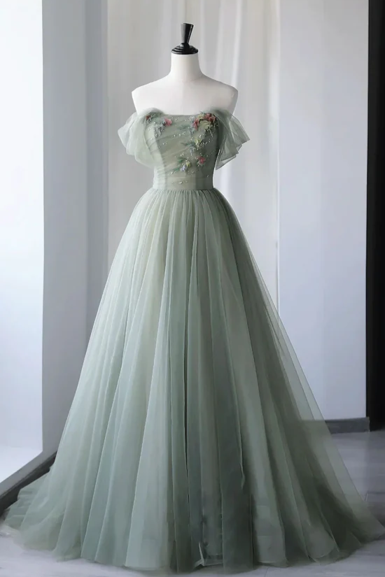 Fairy A Line Off the Shoulder Sage Green Tulle Sage Ball Gown Prom