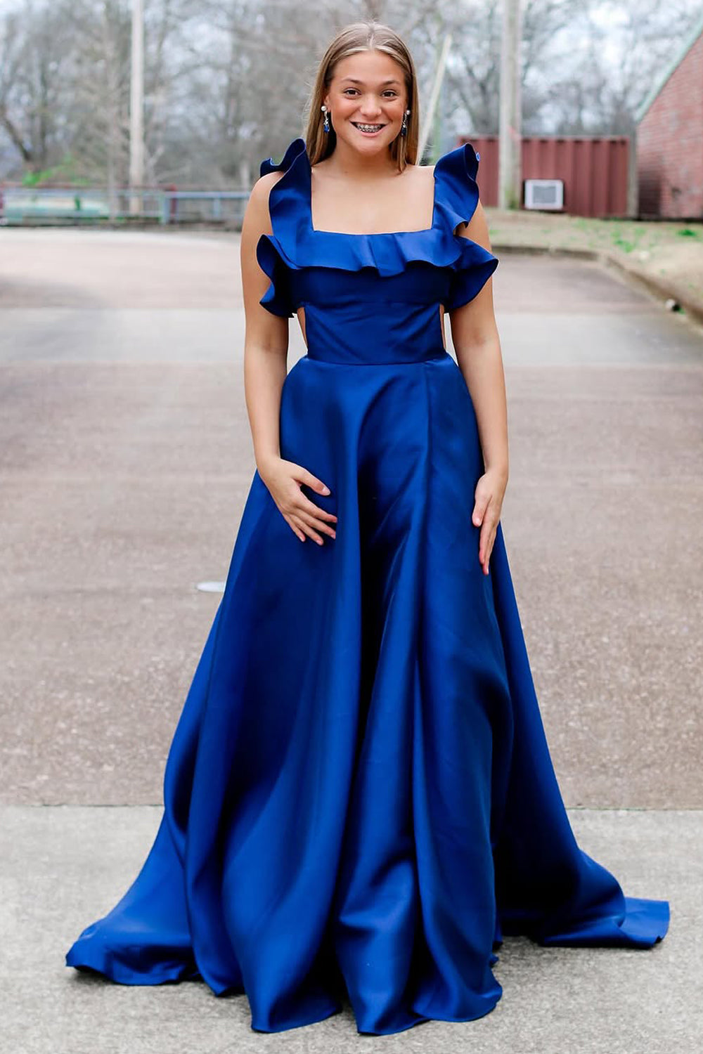 A-Line Square Neck Royal Blue Satin Long Prom Dresses with Bowknot VK021802