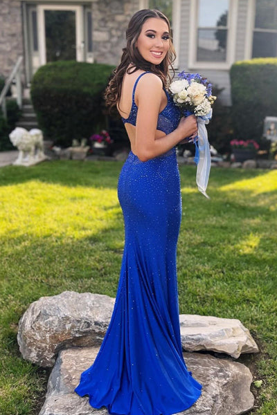 Cute Mermaid V Neck Royal Blue  Long Prom Dresses with Beading