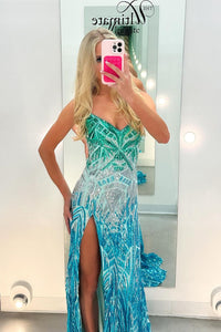 Charming Fashion Mermaid V Neck Gradient Long Prom Dress with Slit