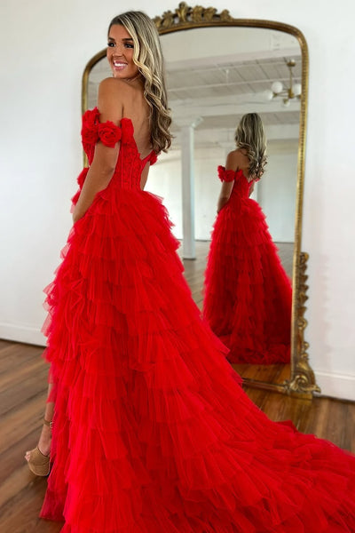 Cute A Line Off the Shoulder Red Tiered Tulle Prom Dress with Slit VK25012008