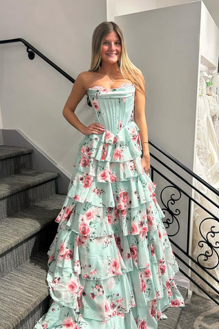 Cute A Line Strapless Sweetheart Floral Chiffon Tiered Long Prom Dress VK25030105