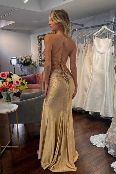 Sexy Mermaid V Neck Gold Satin Slit Prom Dress with Hot Stone VK121406