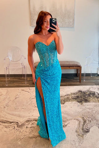 Cute Mermaid Sweetheart Sequins Slit Prom Dress with Beading