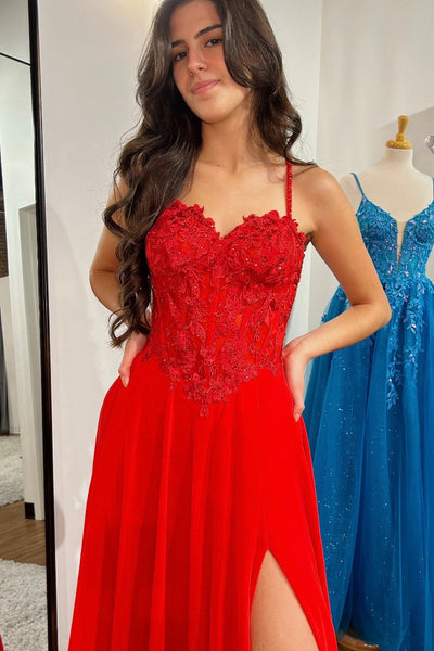 Red Sweetheart Chiffon Appliques Long Prom Dress with Slit VK23122302