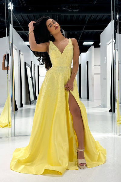 A-Line V Neck Yellow Beads Long Prom Dresses with Slit VK021502