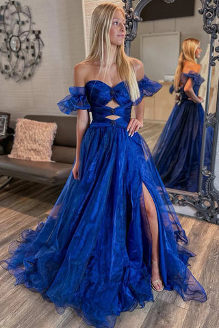 Fairy A Line Sweetheart Royal Blue Organza Slit Prom Dresses with Beading VK112114