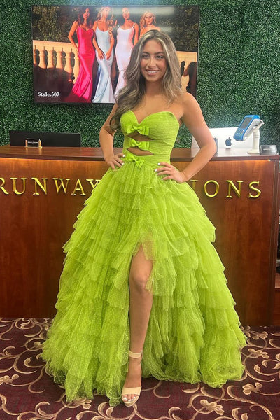 Green Strapless Ruffle Tiered Tulle Long Prom Dresses with Slit VK24042502