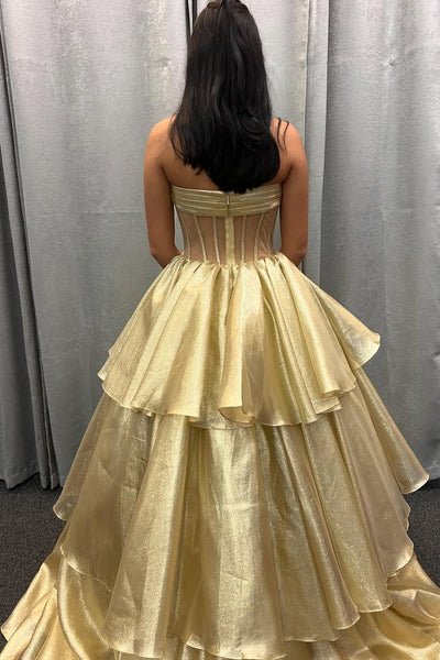 Ball Gown Strapless Gold Organza Tiered Prom Dresses with Bow VK13120903