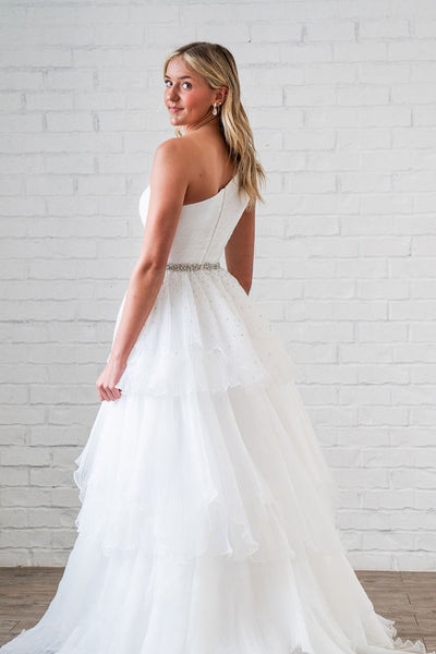 Ball Gown One Shoulder White Ruffle Tiered Tulle Wedding Dresses VK021706