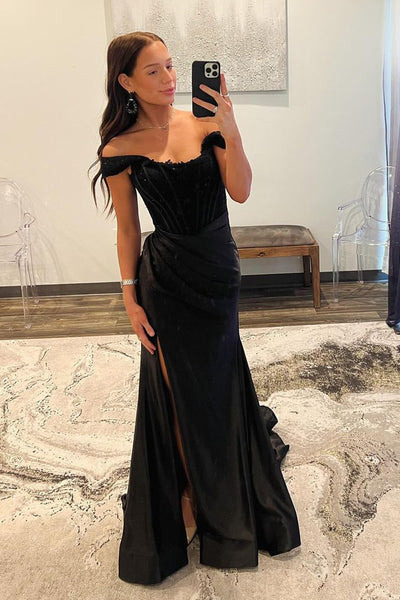 Mermaid Off the Shoulder Black Satin Long Prom Dresses with Slit  VK24021102