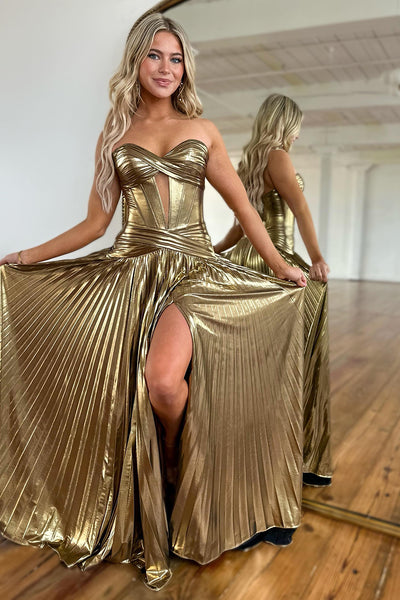 Cute A Line Sweetheart Gold Pleated Prom Dresses with Slit VK24102012