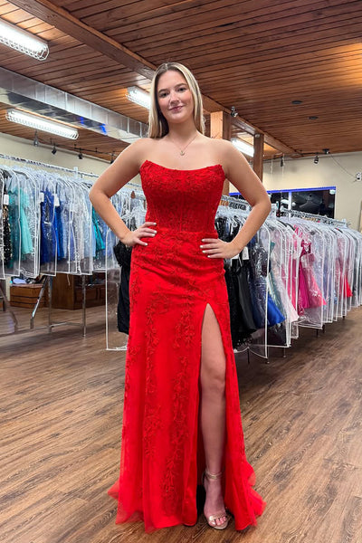 Cute Mermaid Strapless Red Lace Prom Dress with Appliques AB24122503