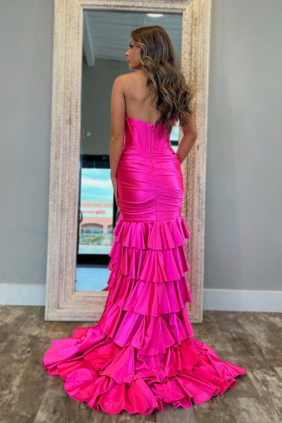 Charming Mermaid V Neck Pink Satin Tiered Prom Dress with Slit VK25013102