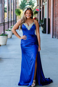 Cute Mermaid V Neck Royal Blue Satin Slit Prom Dresses with Beading