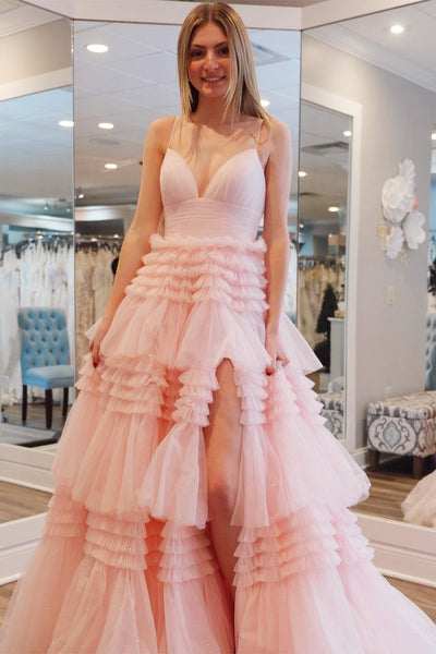 Cute A Line V Neck Tiered Tulle Prom Dresses with Slit VK24102310