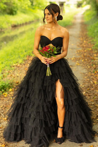 Cute A Line Sweetheart Black Dot Tiered Tulle Long Prom Dresses with Slit VK24102004