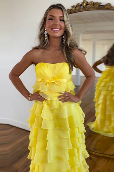 Cute Sheath Strapless Yellow Tiered Chiffon Long Prom Dresses VK24102013