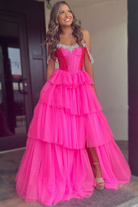 Cute A Line Off the Shoulder Hot Pink Tulle Long Prom Dresses with Beading VK241002