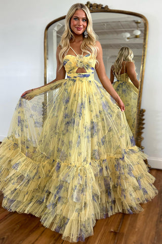 Fairy A Line Straps Printed Yellow Long Prom Dresses VK24102405