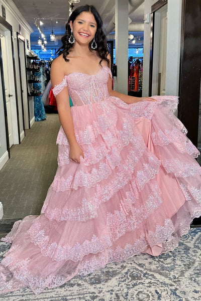 Fairy Ball Gown Off the Shoulder Pink Tulle Prom Dresses VK24102309