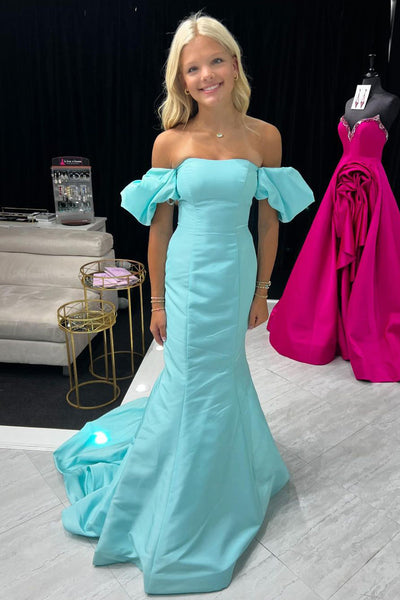 Cute Mermaid Mint Satin Long Prom Dress with Ruffled Sleeves