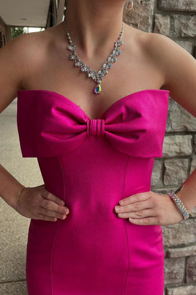 Sweet Mermaid Strapless Fuchsia Satin Long Prom Dresses with Bow