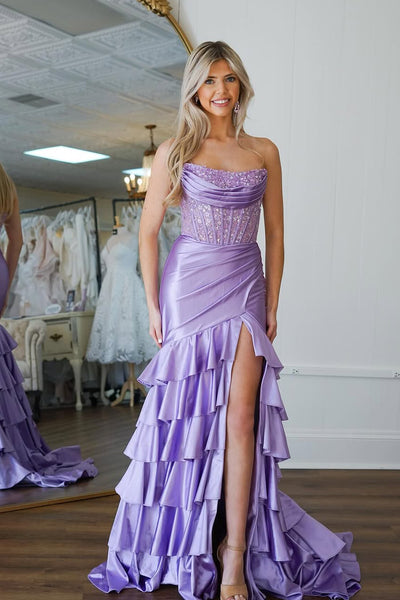 Charming Mermaid Scoop Neck Lavender Satin Tiered Prom Dress with Appliques VK25012005