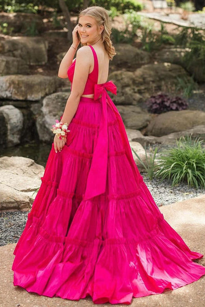 Pink Two Piece V Neck Satin A-Line Prom Dresses VK24051604